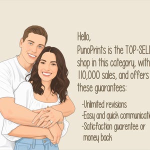 May include: Digital illustration of a smiling couple embracing. The man wears a white t-shirt, and the woman wears a white top and blue jeans. Text on the image states "PunoPrints is the TOP-SELLING shop..."
