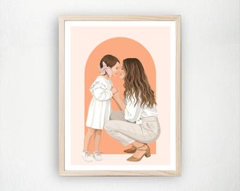 Custom Mother and Daughter Portrait, Personalized Family Illustration, Digital Wall Art Gift for Mom, Mother’s Day Gift, Minimalist Print