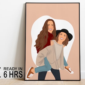 Regalo de cumpleaños para ella, amistad personalizada, impresión de retrato sin rostro, regalo para mejor amiga, regalo de amistad personalizado, retrato de dibujos animados de mejor amiga,