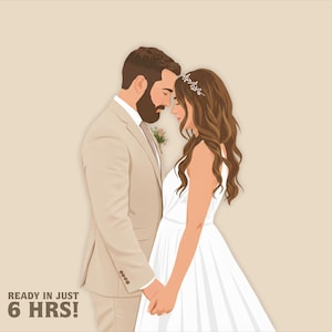 May include: Illustration of a couple in wedding attire, holding hands and leaning heads together. The man wears a tan suit, and the woman is in a white dress with a floral headpiece. Text at the bottom reads "READY IN JUST 6 HRS!"
