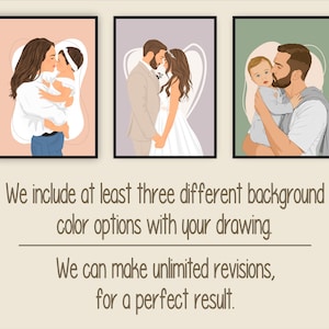 May include: Three framed illustrations of family portraits. The first shows a mother and child, the second a couple, and the third a father and child. Each portrait has a black frame and a neutral background.