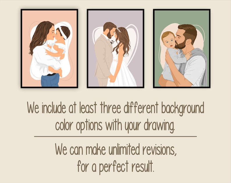 May include: Three framed illustrations of family portraits. The first shows a mother and child, the second a couple, and the third a father and child. Each portrait has a black frame and a neutral background.