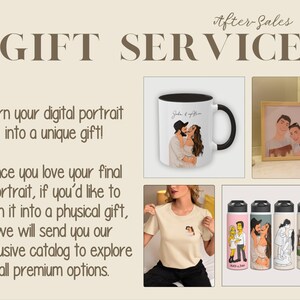 May include: An image promoting a gift service, transforming digital portraits into physical gifts. Examples include a mug, framed print, and t-shirts, each with custom illustrations. The text reads "Gift Service" and "Turn your digital portrait into a unique gift!"