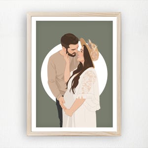 May include: A framed illustration of a couple, the woman is pregnant. The man is touching the woman's face. The woman is wearing a white dress and a hat. The background is a green circle.