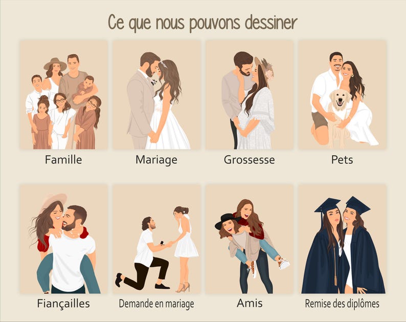 May include: A digital illustration showing different types of custom portraits that can be drawn. The illustrations include a family portrait, a wedding portrait, a pregnancy announcement, a portrait with pets, an engagement portrait, a proposal portrait, a portrait of friends, and a graduation portrait.