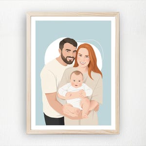 May include: A framed family portrait. The image shows a man with a beard, a woman with red hair, and a baby in a white onesie. The background is a light blue with a white circle. The portrait is in a wooden frame.