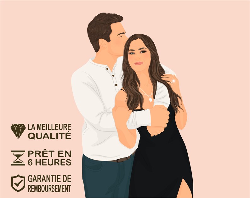May include: A couple is embracing, the man is kissing the woman on the cheek. The woman is wearing a black dress and a silver necklace. The man is wearing a white shirt and dark pants. The background is a light pink.