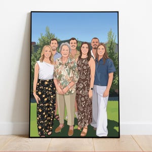 May include: A framed digital illustration of a family of seven, standing on a green lawn with a blue sky background. The artwork features detailed depictions of each person, with varied clothing styles and expressions. The frame is black.