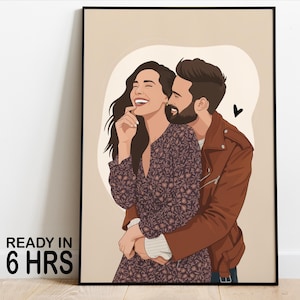 Könnte beinhalten: Gerahmte Illustration eines sich umarmenden Paares, wobei die Frau lacht. Der Mann trägt eine braune Lederjacke. Das Kleid der Frau hat ein Blumenmuster. Der Text "READY IN 6 HRS" befindet sich unten links.