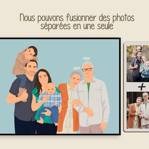 May include: A digital illustration of a family portrait. The family is made up of two parents, three children, and two grandparents. The family is standing together in a light blue background. The parents are holding their children. The grandparents are standing behind the parents. The family is smiling and looking at the camera.
