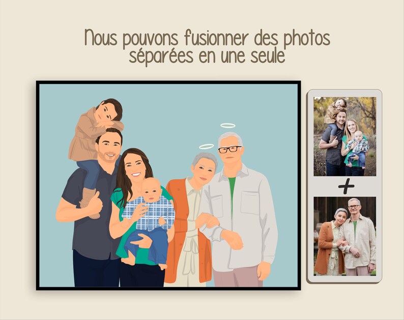 May include: A digital illustration of a family portrait. The family is made up of two parents, three children, and two grandparents. The family is standing together in a light blue background. The parents are holding their children. The grandparents are standing behind the parents. The family is smiling and looking at the camera.