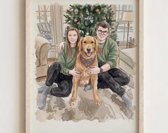Custom Hand-Drawn Watercolor Family Portrait with Dog Personalized Couple & Pet Illustration, Christmas Gift Wall Art