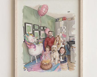 Custom Watercolor Portrait, Mothers Day Gift, Family Portrait, Couple Portrait with Pet, Christmas Gift, Hand Painted