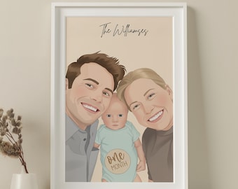 May include: A framed family portrait featuring a smiling couple and a baby wearing a blue onesie with "one month" text. The artwork has a soft, illustrated style with a beige background and the family name at the top.