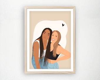 Best Friends Portrait, Custom Illustration From Photo, Personalized Friendship Gift, Sisters Wall Art, Gift For Her