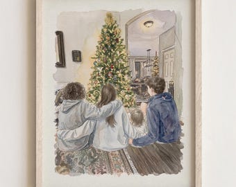 Custom Watercolor Christmas Family Portrait with Dog Personalized Couple & Pet Illustration, Christmas Gift Wall Art