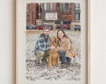Custom Hand-Drawn Watercolor Family Portrait with Dog Personalized Couple & Pet Illustration, Christmas Gift Wall Art