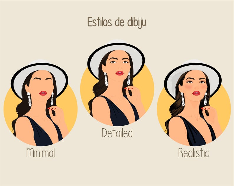 May include: Illustration showcasing three different drawing styles: Minimal, Detailed, and Realistic. Each style depicts a woman wearing a black dress, a white hat with a black brim, and dangling earrings. The text "Estilos de dibujo" is at the top.