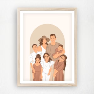 Illustration de portrait de famille personnalisé, dessin numérique personnalisé à partir d'une photo, art mural minimaliste, cadeau unique pour parents et enfants