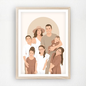 Ilustración de retrato familiar personalizado, dibujo digital personalizado a partir de una foto, arte mural minimalista, regalo único para padres e hijos.