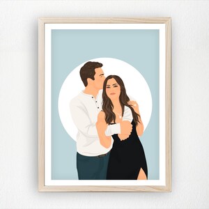 May include: A framed art print featuring a couple in a loving embrace. The man wears a white shirt and blue pants, while the woman is in a black dress. The background is a light blue with a white circle.