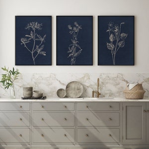 May include: Three framed prints of white line drawings of flowers on a dark blue background. The prints are hanging on a white wall above a gray kitchen cabinet with gold hardware.