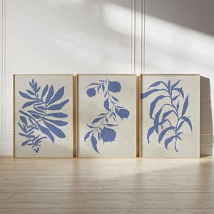 Navy Botanical Print Set: Indigo Canvas Textured Wall Art (Digital Download)