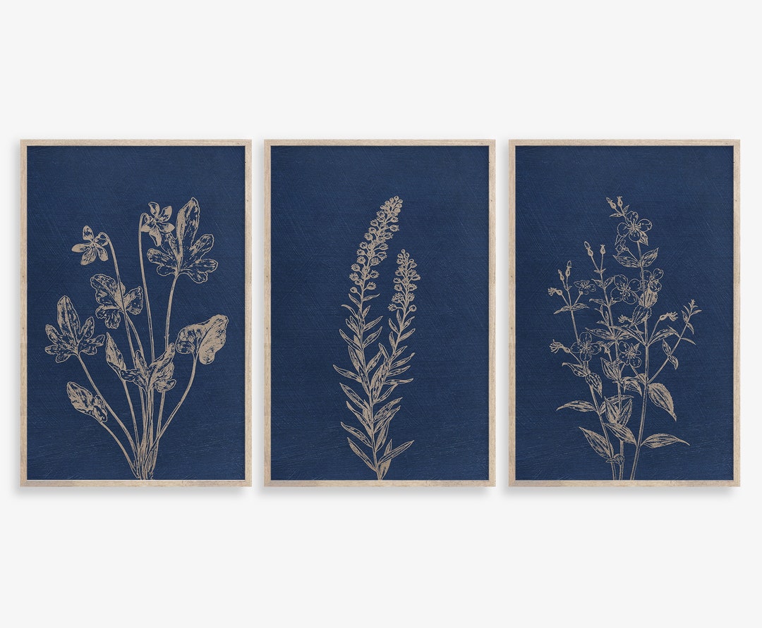 Navy Blue Botanical Prints Set: Vintage Indigo Floral Wall Art (digital ...