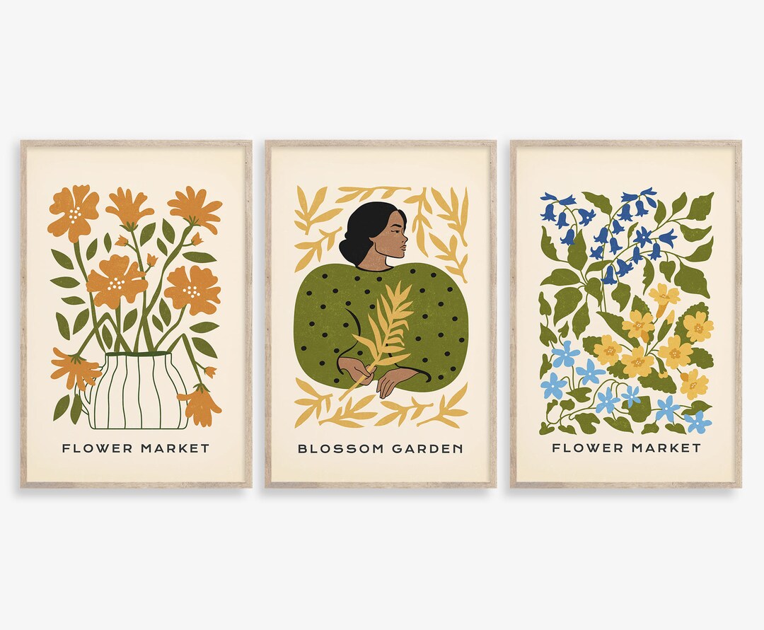 Flower Market Print, Set of 3, Botanical Wall Art, Floral Decor Posters ...