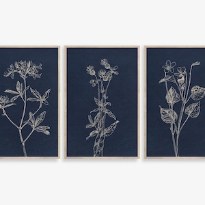Botanical Prints, Set of 3 prints, Botanical Wall Art Navy Background, Watercolor Art Set, Botanical Print Set of 3, Indigo Blue Wall Art