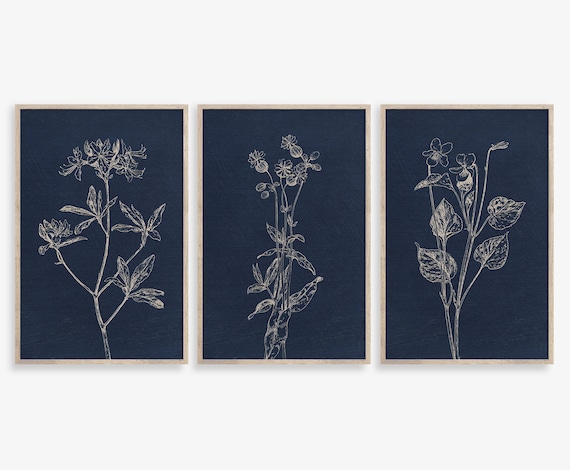 Botanical Prints Set: Navy Watercolor Floral Wall Art (Digital Download)