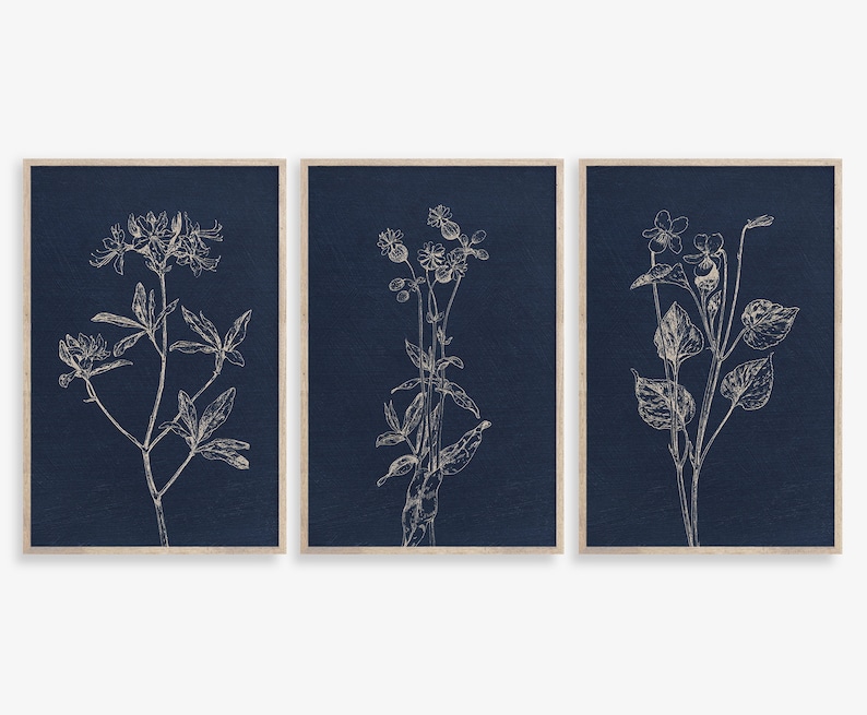May include: Set of three framed prints featuring botanical illustrations of flowers in white on a dark blue background.
