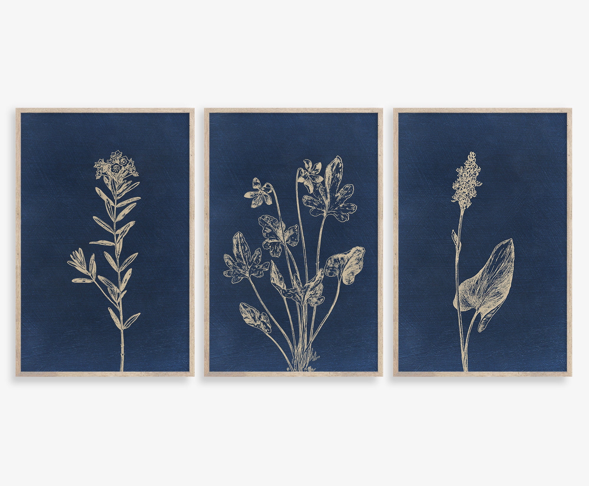 Botanical Prints Set of 3 prints Botanical Wall Art Navy Etsy