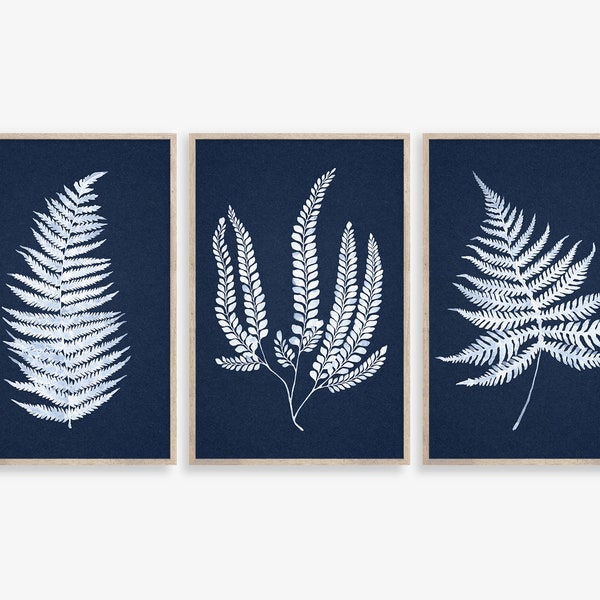 Fern Prints, Set of 3 prints, Botanical Wall Art Navy Background, Fern Watercolor Art Set, Botanical Print Set of 3, Indigo Blue Wall Art