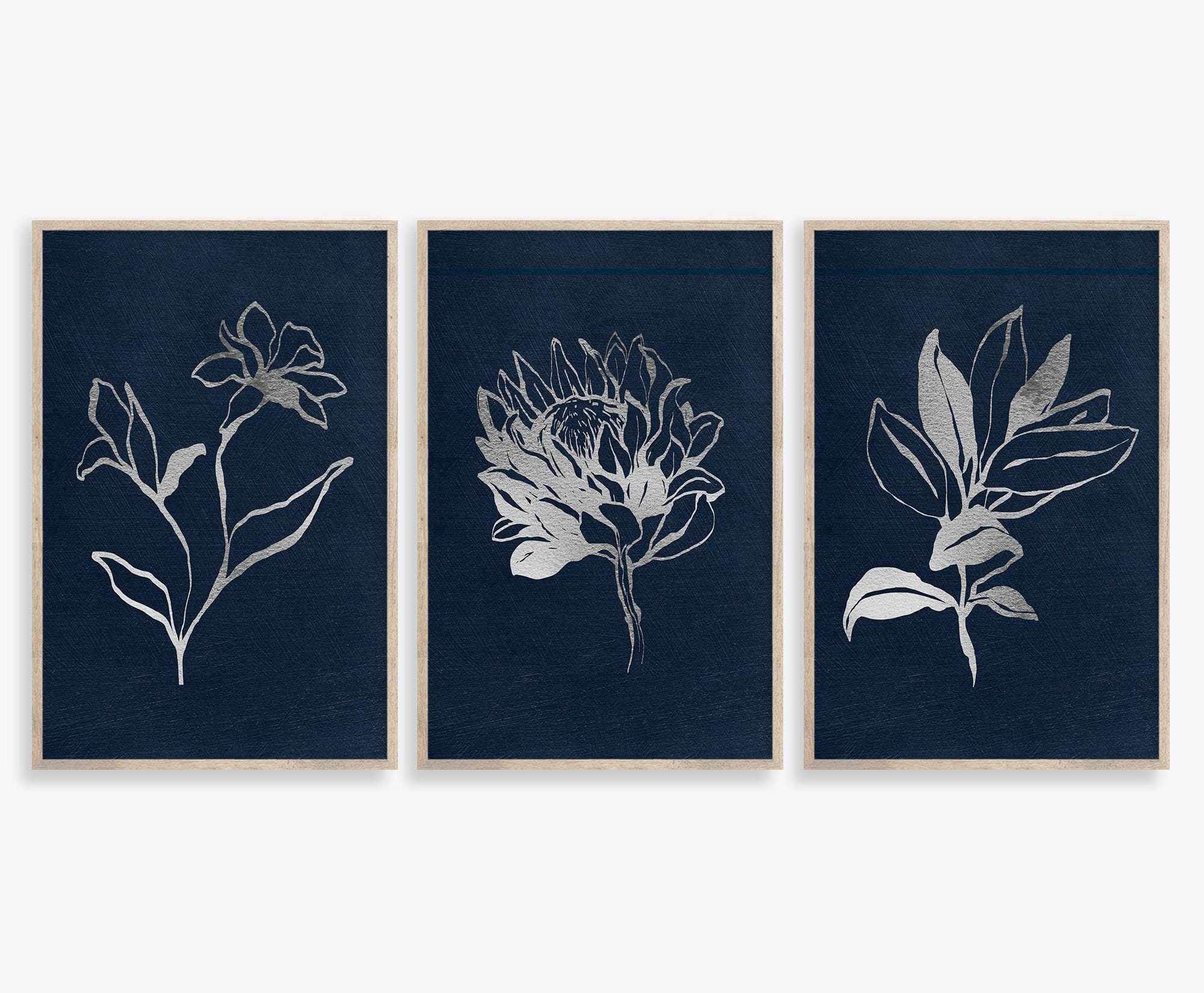 Silver Botanical wall art, Set of 3 Navy blue Botanical Prints, Botanical posters, Indigo blue wall decor