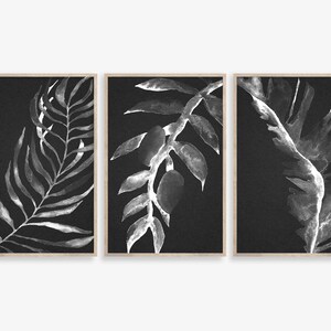 Set of 3 Prints, black background wall art, Tropical Leaves print, Black and White Prints, Botanical Print, Printable Wall Art
