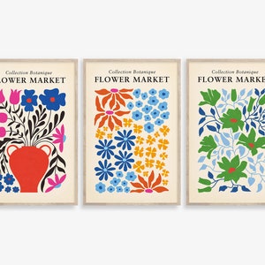 Conjunto de 3 impresiones del mercado de flores, impresión de flores abstractas, carteles de pared para la habitación, arte de pared de jarrón floral, arte de pared de dibujo de flores coloridas