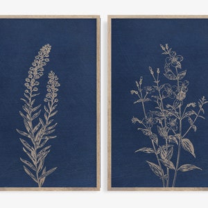 Botanical Prints, Set of 2 prints, Botanical Wall Art Navy Background, Watercolour Art Set, Botanical Print Set of 2, Indigo Blue Wall Art