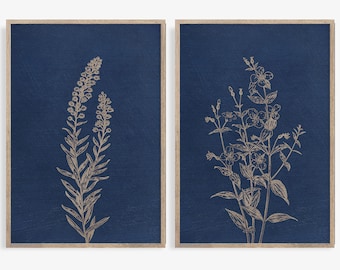 Botanical Prints, Set of 2 prints, Botanical Wall Art Navy Background, Watercolor Art Set, Botanical Print Set of 2, Indigo Blue Wall Art