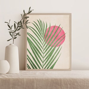Palm Leaf and Sun Print – Minimalist Tropical Wall Art Printable, Boho Botanical Poster, Modern Rustic Home Decor