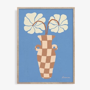 Cartel de flores boho, impresión de arte de jarrón, impresión de jarrón boho, impresión de pared de jarrón, impresión abstracta de cerámica vintage, jarrón a cuadros