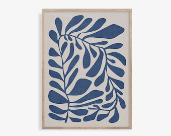 Abstract Botanical Print: Minimalist Navy Blue Leaves (Digital Download)