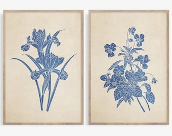 Blue Botanical Prints Set: Vintage Wildflower Art (Digital Download)