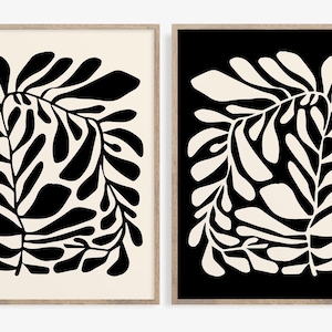 Conjunto de arte de pared botánica abstracta de 2, cartel botánico minimalista, cartel de hoja floral, arte imprimible abstracto, decoración botánica moderna