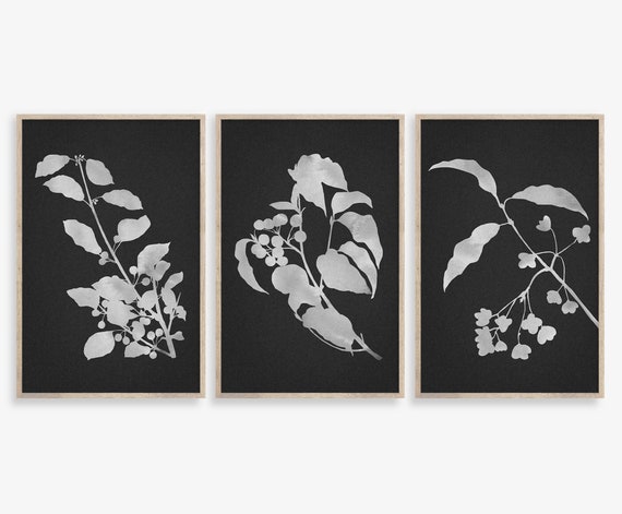 Set of 3 Botanical Prints on Dark Background Botanical Print | Etsy