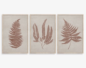 Sepia Fern Botanical Prints: Set of 3, Tan Farmhouse Art (Digital Download)