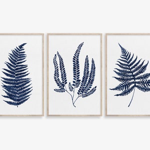 Fern prints, Set of 3 blue indigo fern leaf prints, Farmhouse Decor, Maidenhair fern wall decor, Botanical wall art, Farmhouse wall art
