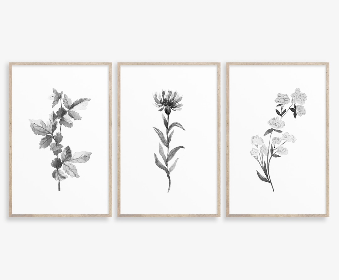 Gray Wall Art, Set of 3 Prints, Monochrome Prints, Watercolor Prints