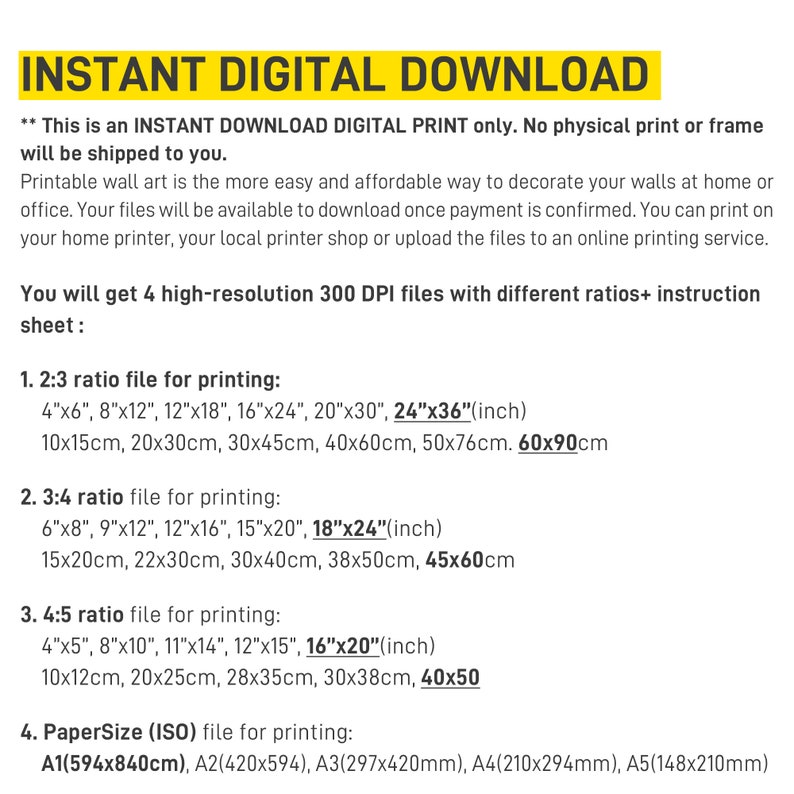 May include: A yellow and black text box with the words "INSTANT DIGITAL DOWNLOAD" in white text. The text below explains that this is a digital download only and no physical print will be shipped. The text also explains that the buyer will receive four high-resolution 300 DPI files with different ratios and instructions. The text lists the different sizes of the files in inches and centimeters.