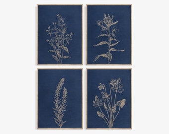 Botanical Prints, Set of 4 prints, Botanical Wall Art Navy Background, Watercolor Art Set, Botanical Print Set of 4, Indigo Blue Wall Art